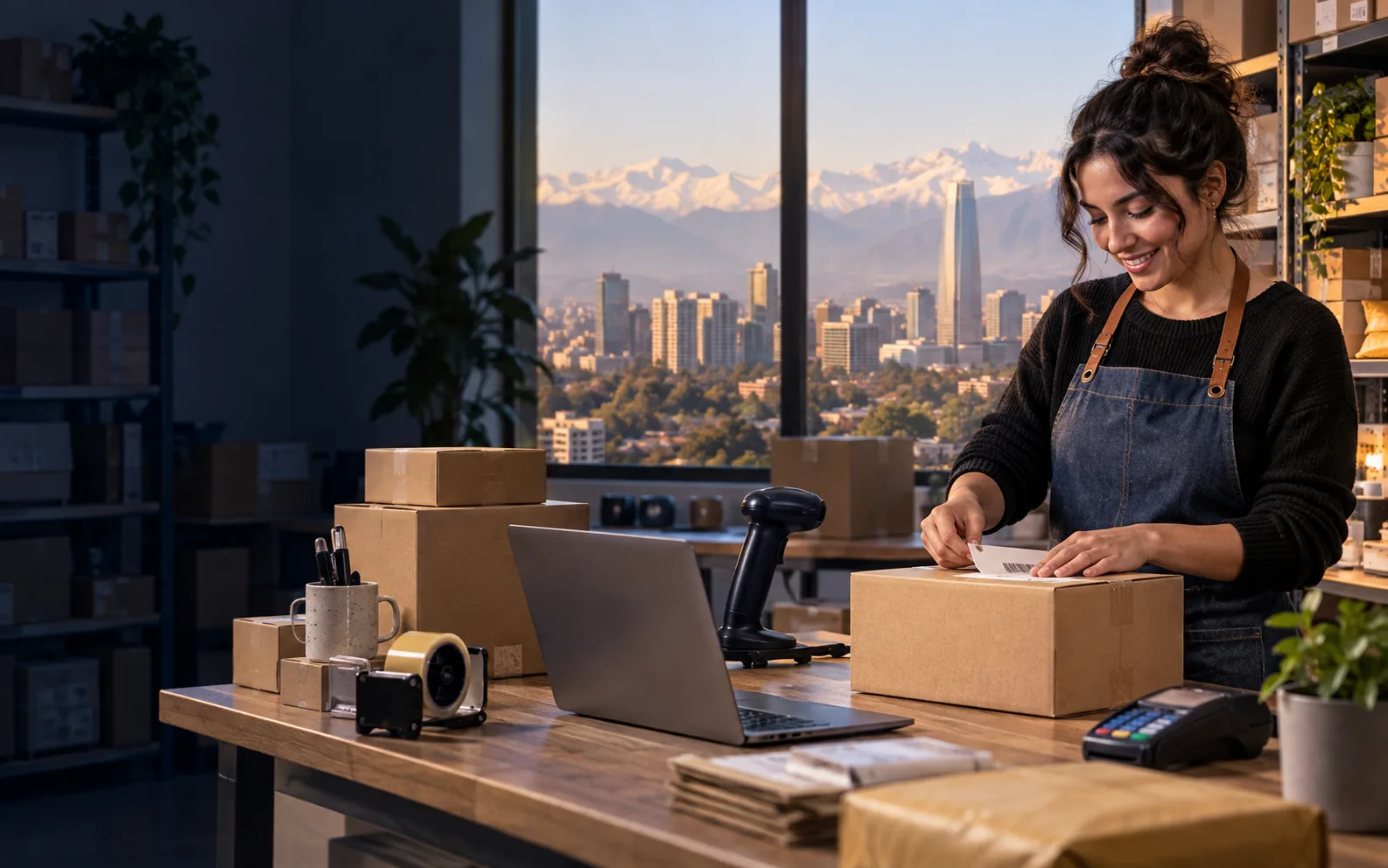 Emprendedora chilena preparando un pedido en una operación comercial conectada
