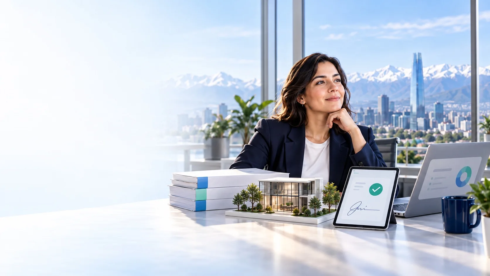 Empresaria chilena en una oficina con vista a Santiago y la cordillera