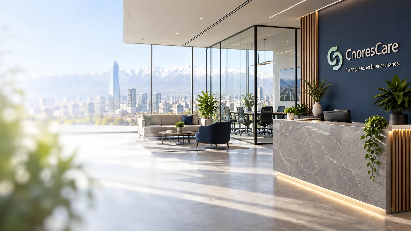 Recepción y oficina profesional en Santiago con vista a la cordillera